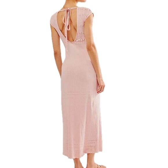 Free People Light Pink Cap Sleeve Open Back Laser Cut Robin Seamless Midi Dress - Picture 9 of 14